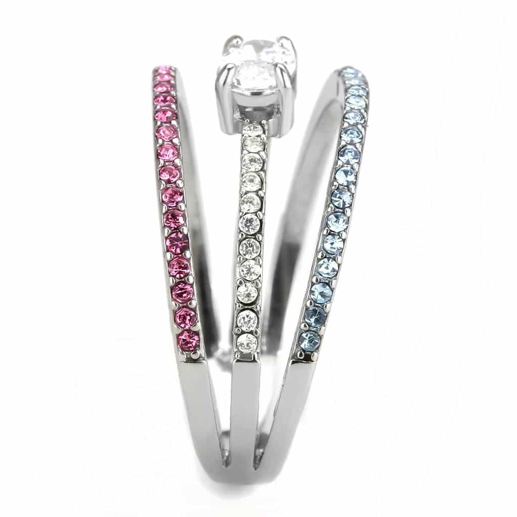 Stainless Steel Multi Color Pink Blue CZ Pave Triple Band Ring view 7