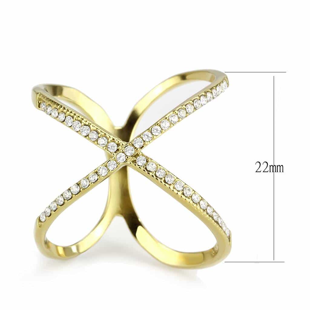 Stainless Steel Gold CZ Pave X Crossover Wide Open Band Ring view 3