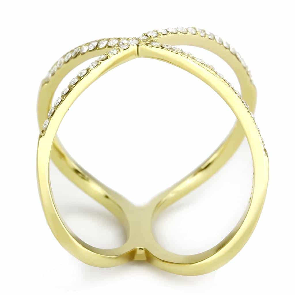 Stainless Steel Gold CZ Pave X Crossover Wide Open Band Ring view 5