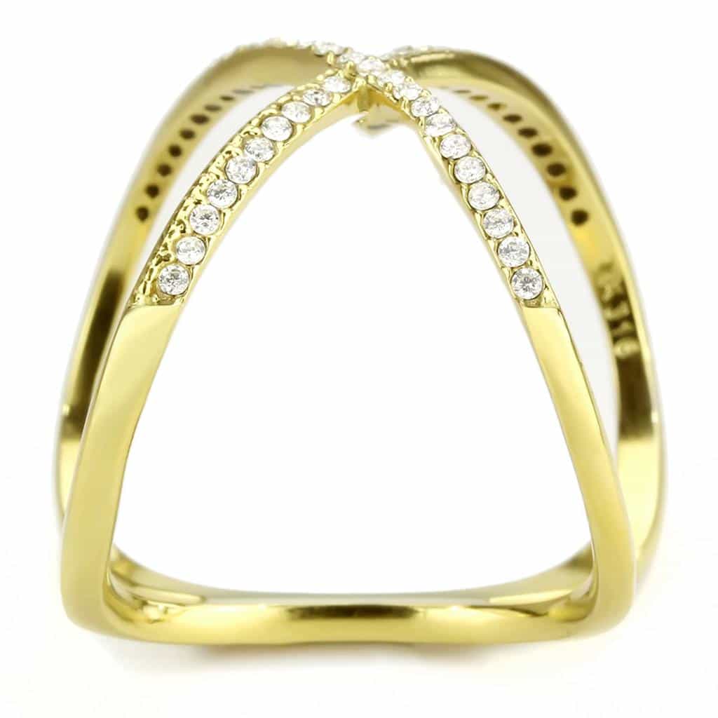Stainless Steel Gold CZ Pave X Crossover Wide Open Band Ring view 7