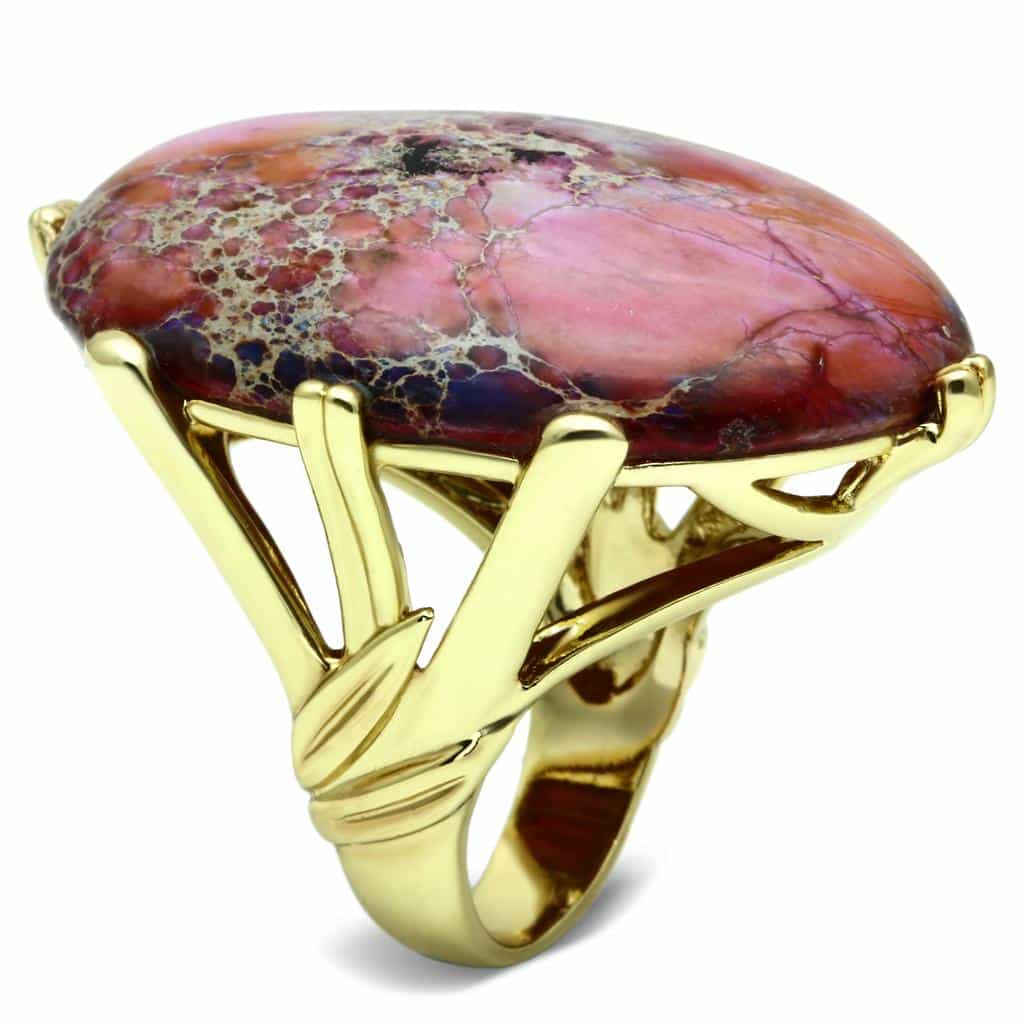 Brass Gold Pink Jasper Oval Cabochon Prong Solitaire Ring view 5