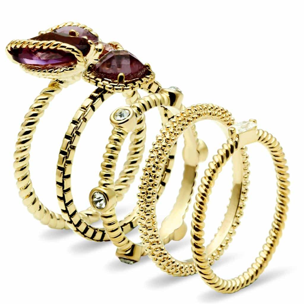 Brass Gold Amethyst CZ Round Stackable Ring Set Ring view 3