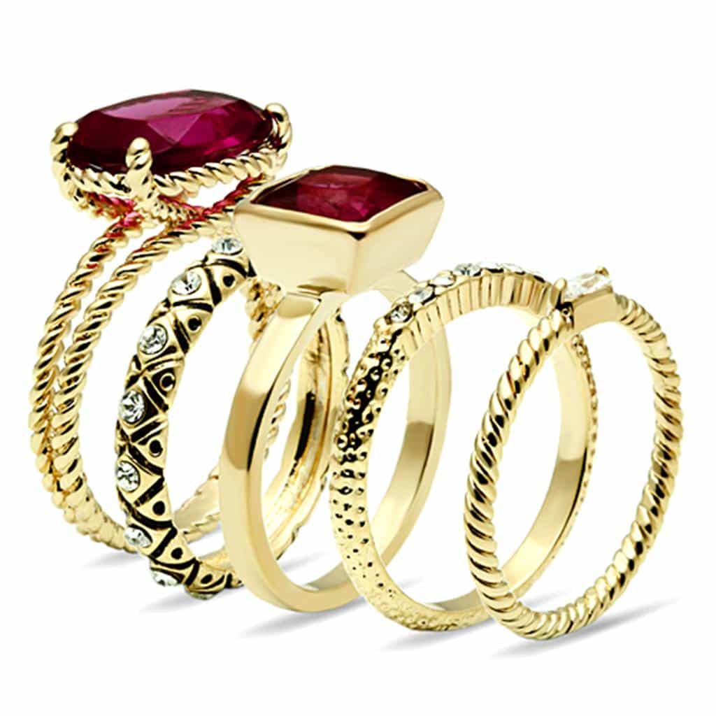 Brass Gold Ruby Red CZ Square Stackable Ring Set Ring view 3