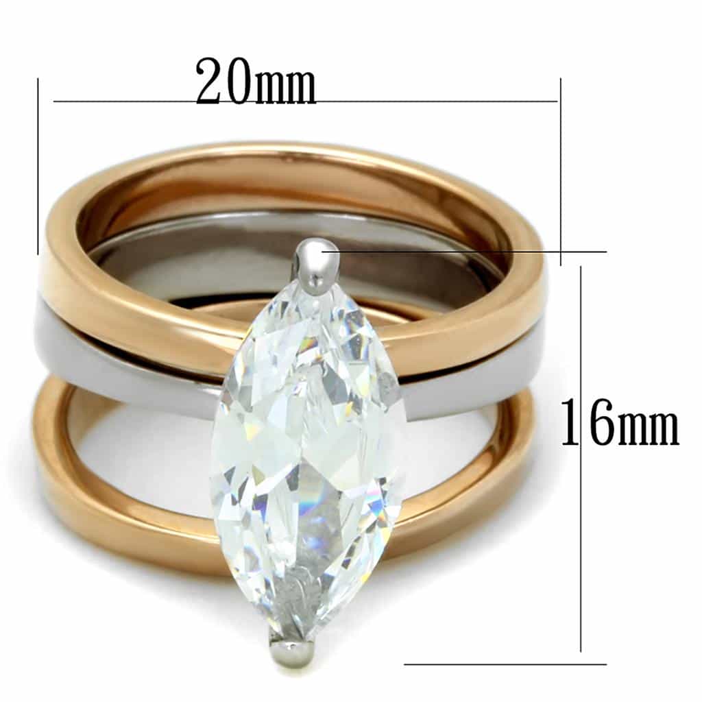 Stainless Steel Two Tone CZ Marquise Solitaire Triple Band Ring view 3