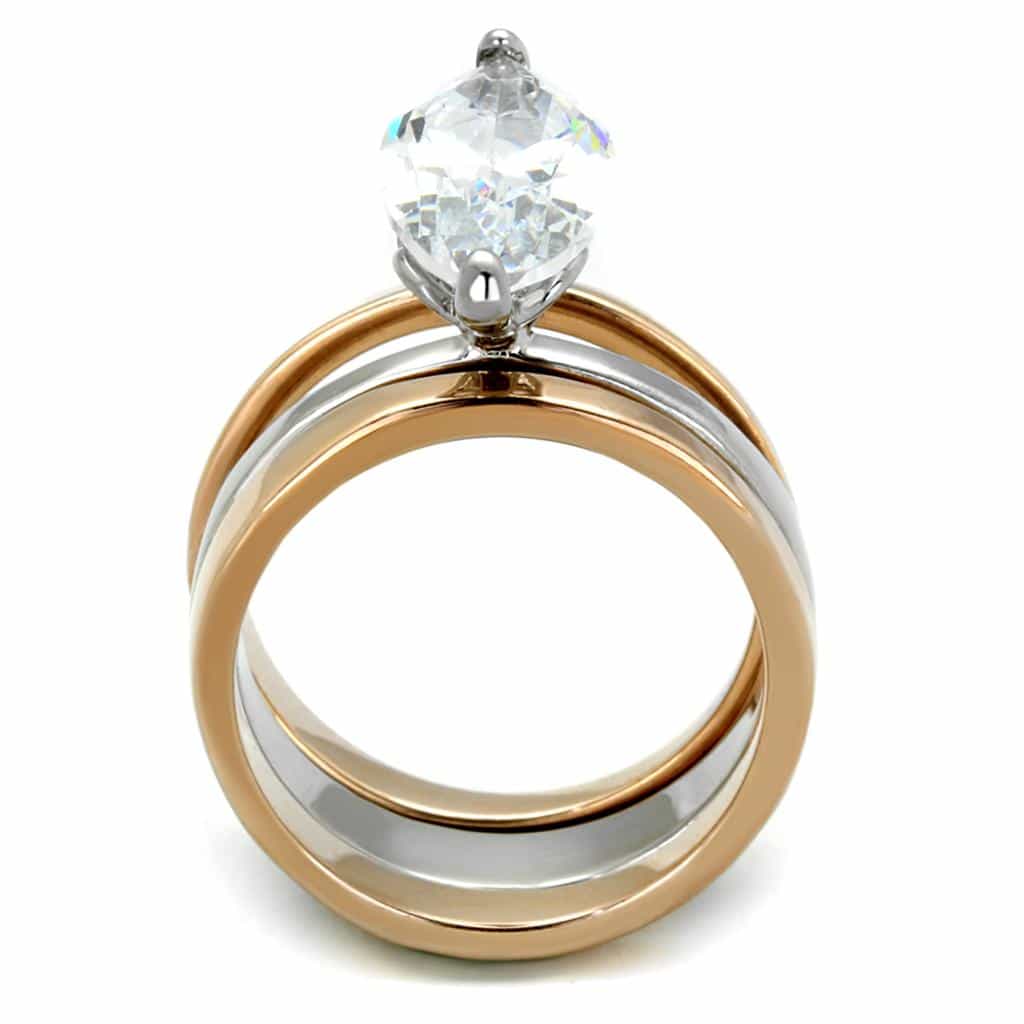 Stainless Steel Two Tone CZ Marquise Solitaire Triple Band Ring view 5