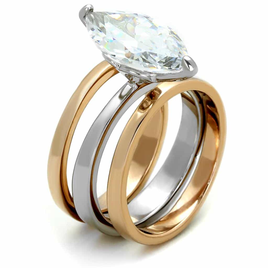 Stainless Steel Two Tone CZ Marquise Solitaire Triple Band Ring view 7