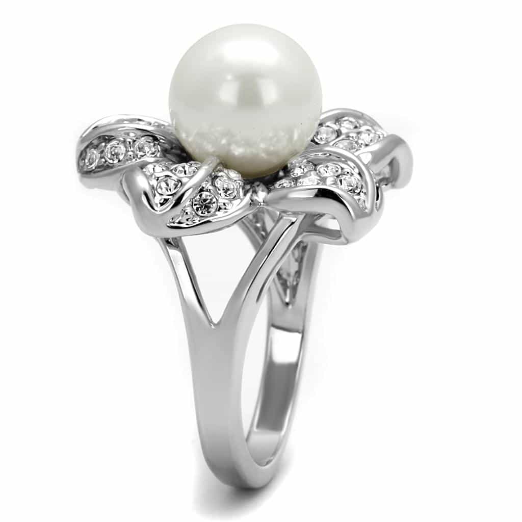 Brass Silver Pearl CZ Flower Petal Cocktail Ring view 5