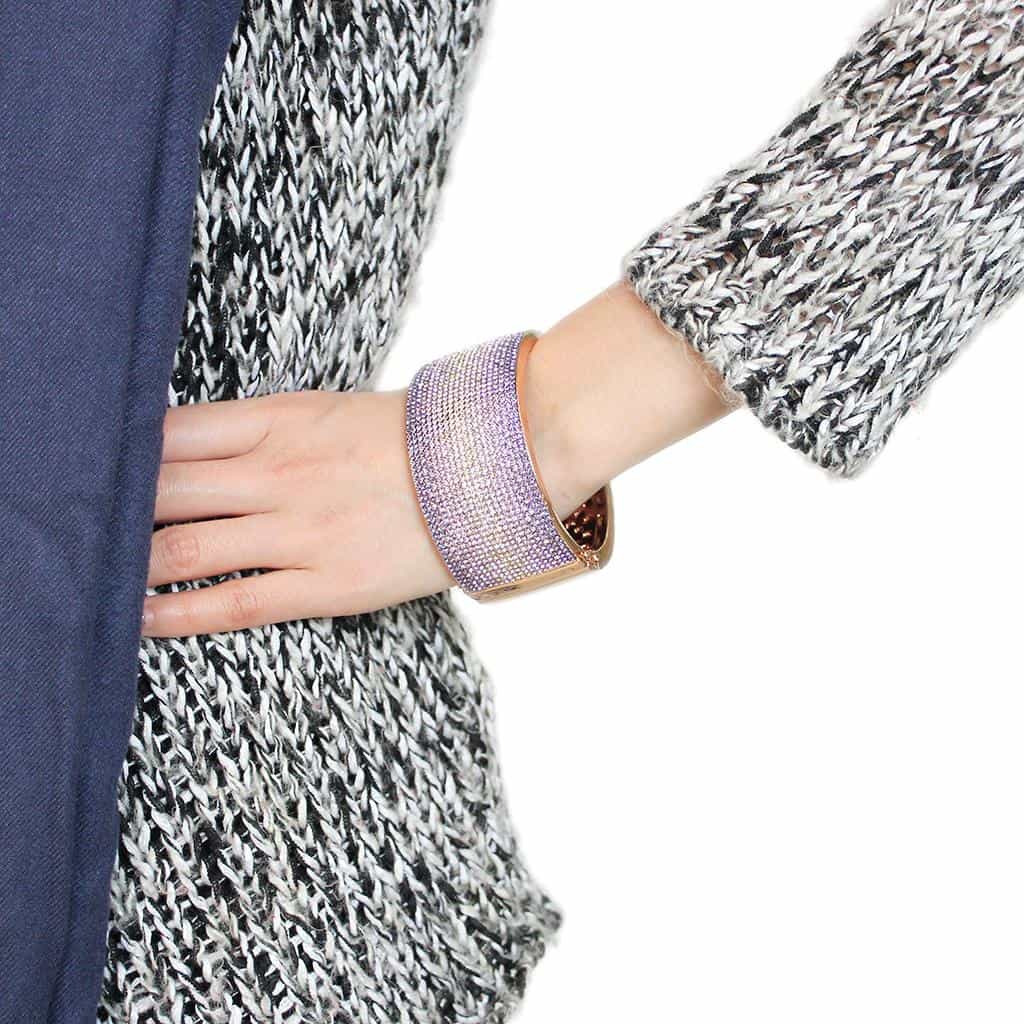 Brass Rose Gold Purple Crystal Pave Wide Bangle Bracelet view 9