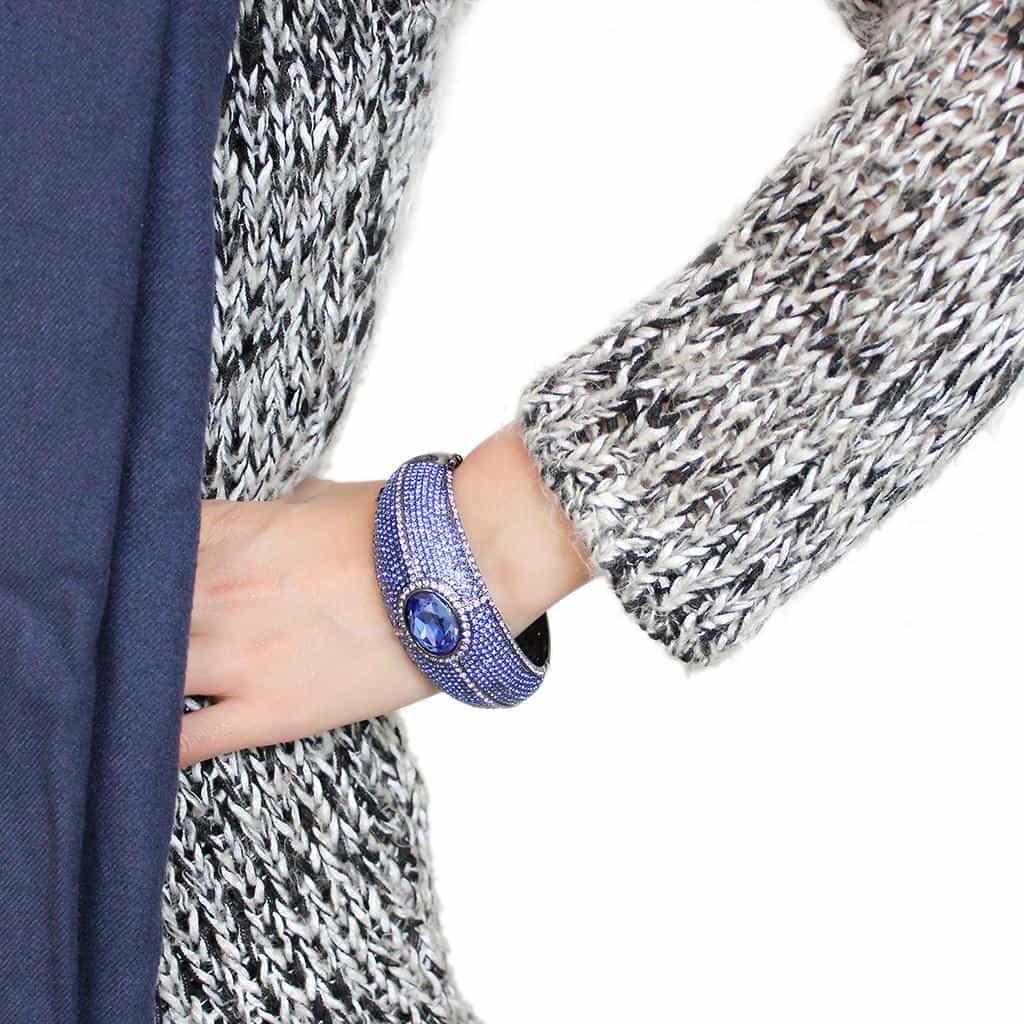 Brass Gunmetal Blue Tanzanite Crystal Pave Wide Bangle Bracelet view 9