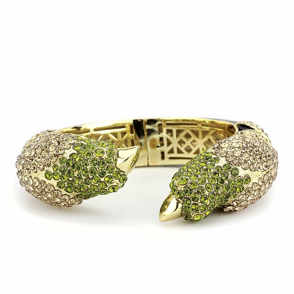 Brass Gold Green Crystal Frog Hinged Bangle Bracelet view 3