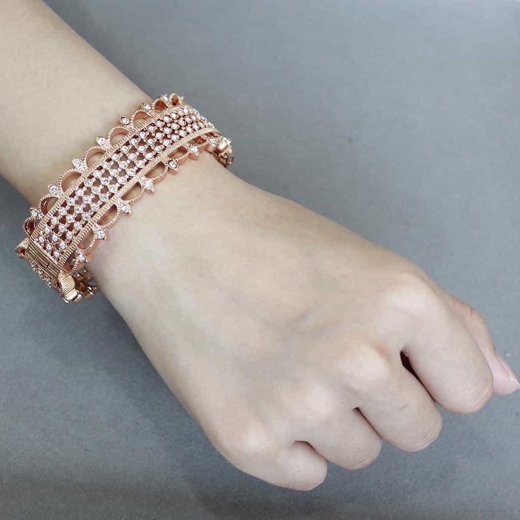 Brass Rose Gold CZ Pave Filigree Wide Bangle Bracelet view 9