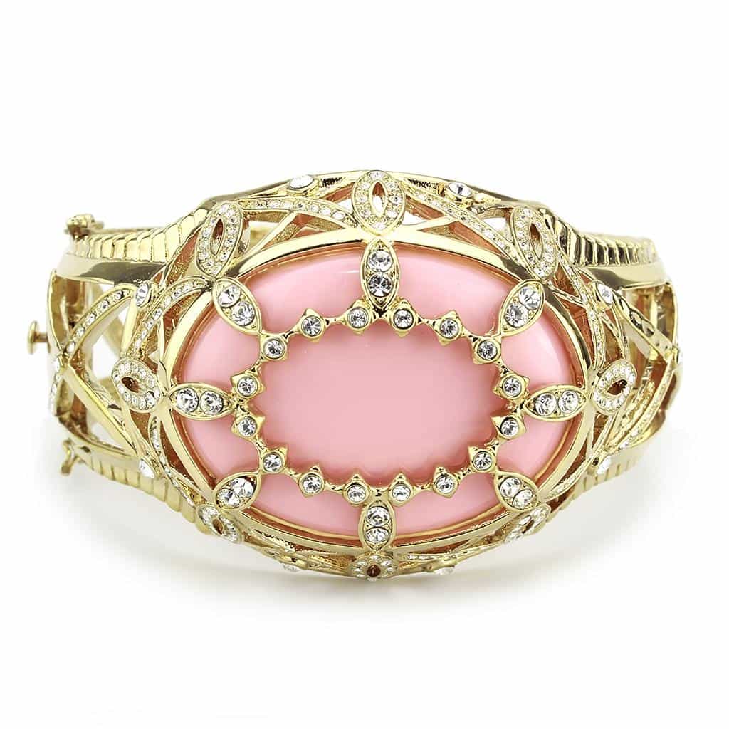 Brass Gold Pink Enamel CZ Lattice Filigree Hinged Bangle Bracelet view 3