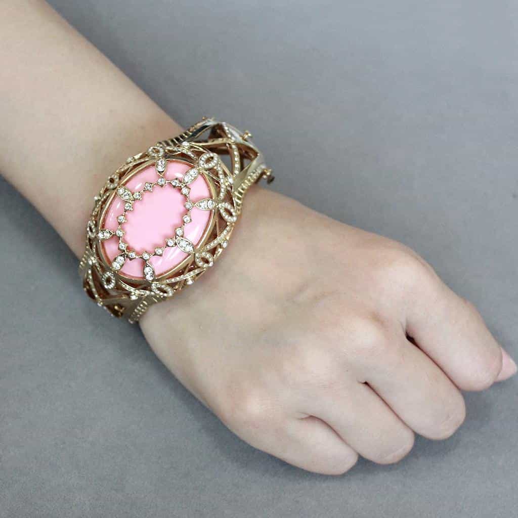 Brass Gold Pink Enamel CZ Lattice Filigree Hinged Bangle Bracelet view 9