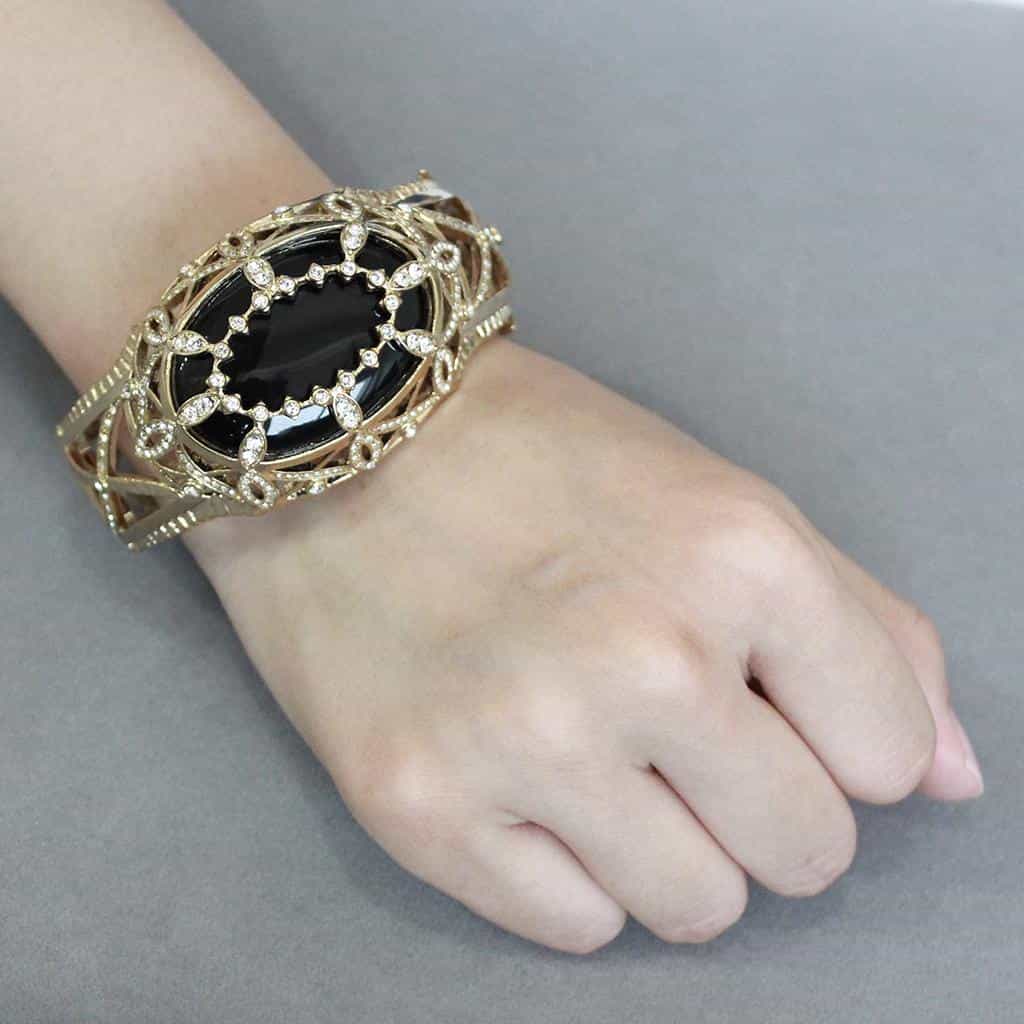 Brass Gold Black Enamel CZ Lattice Filigree Hinged Bracelet view 9