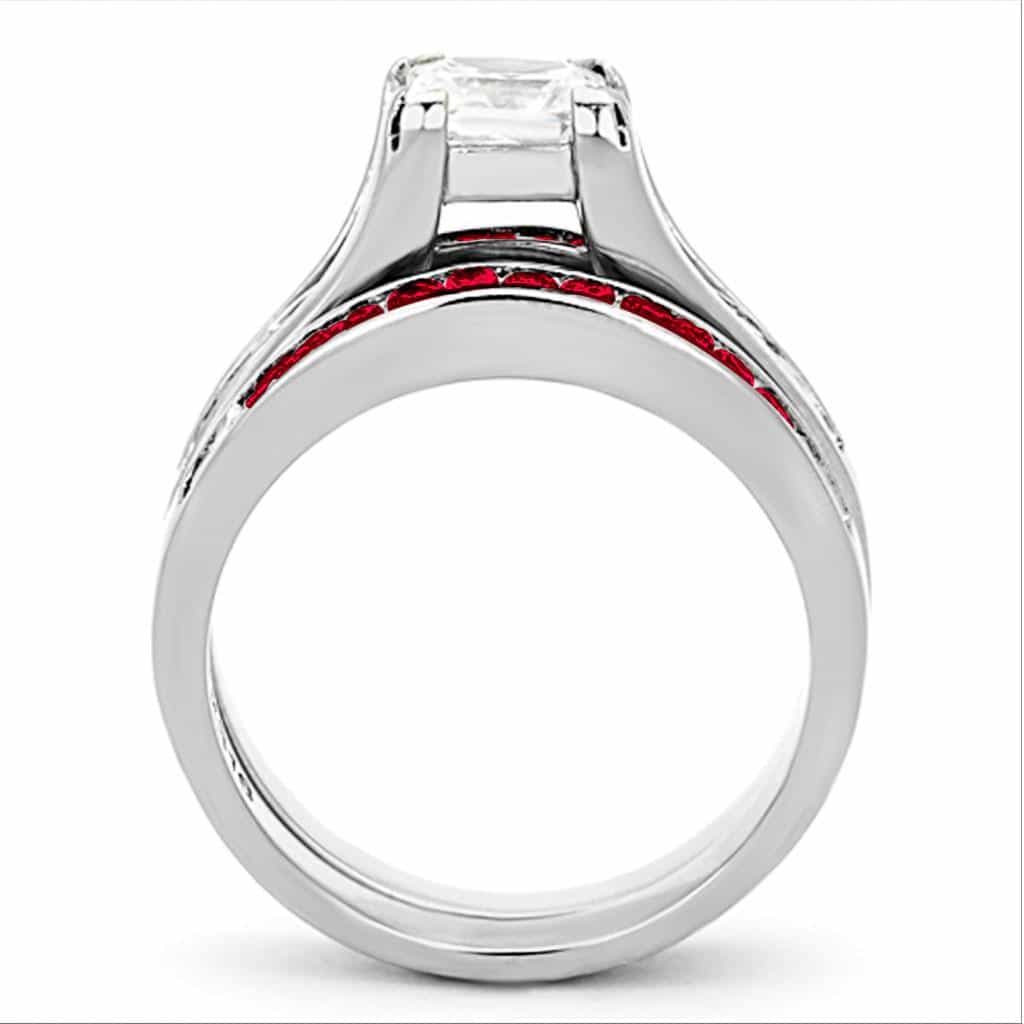 Stainless Steel Silver Red CZ Princess Channel Bridal Ring view 5