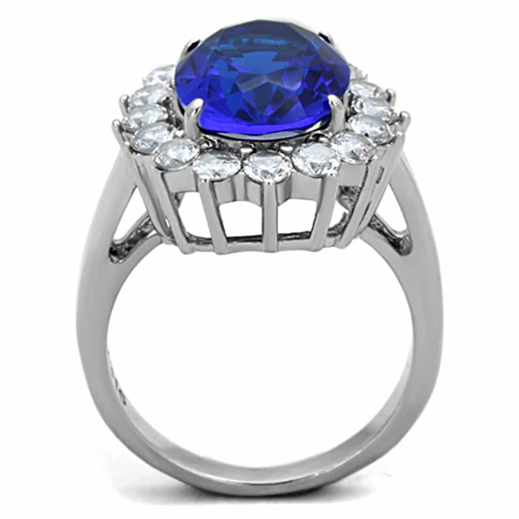 Stainless Steel Blue Sapphire Oval CZ Halo Ring view 5