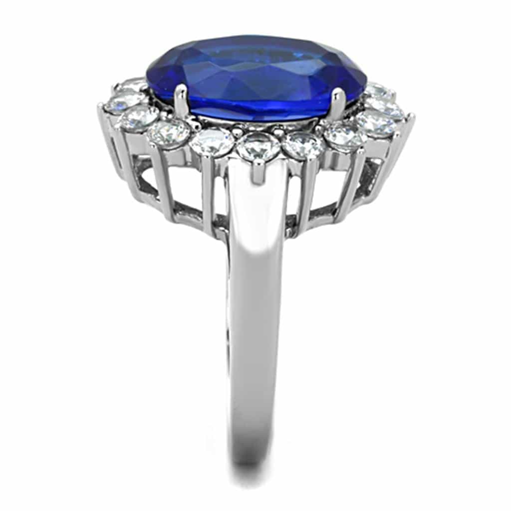 Stainless Steel Blue Sapphire Oval CZ Halo Ring view 7