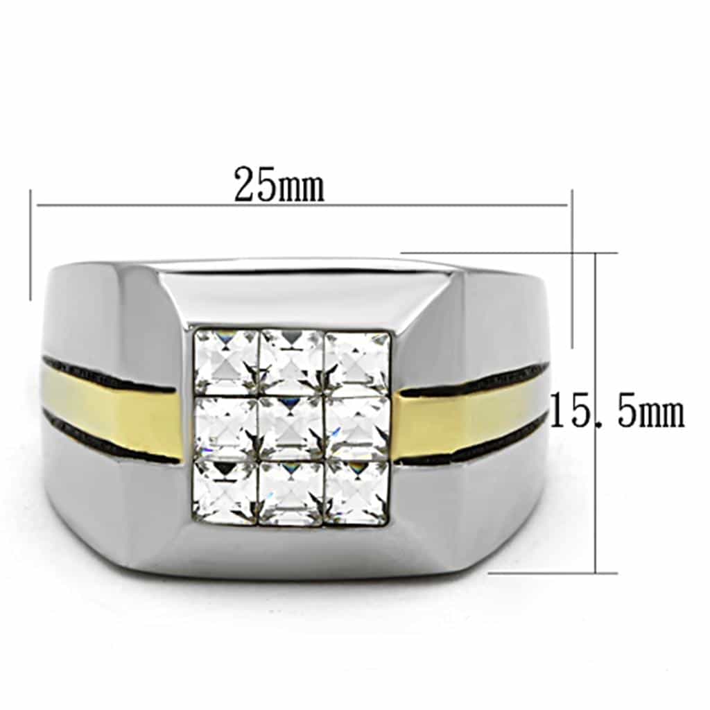 Stainless Steel Two Tone CZ Grid Mens Signet Ring view 3