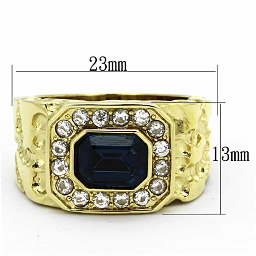 Stainless Steel Gold Blue Sapphire Emerald Cut CZ Halo Ring view 3