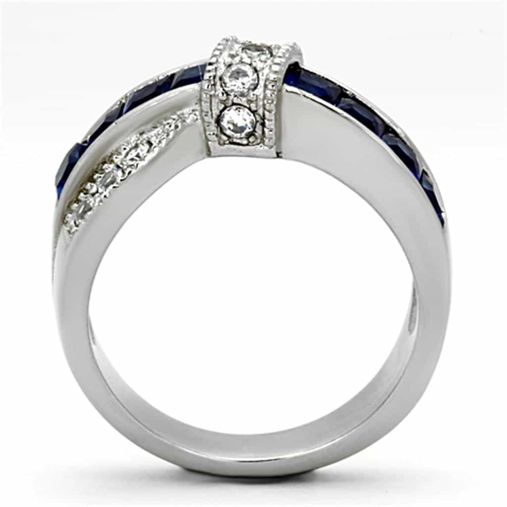 Stainless Steel Blue Sapphire Princess Channel CZ Pave Band Ring view 5