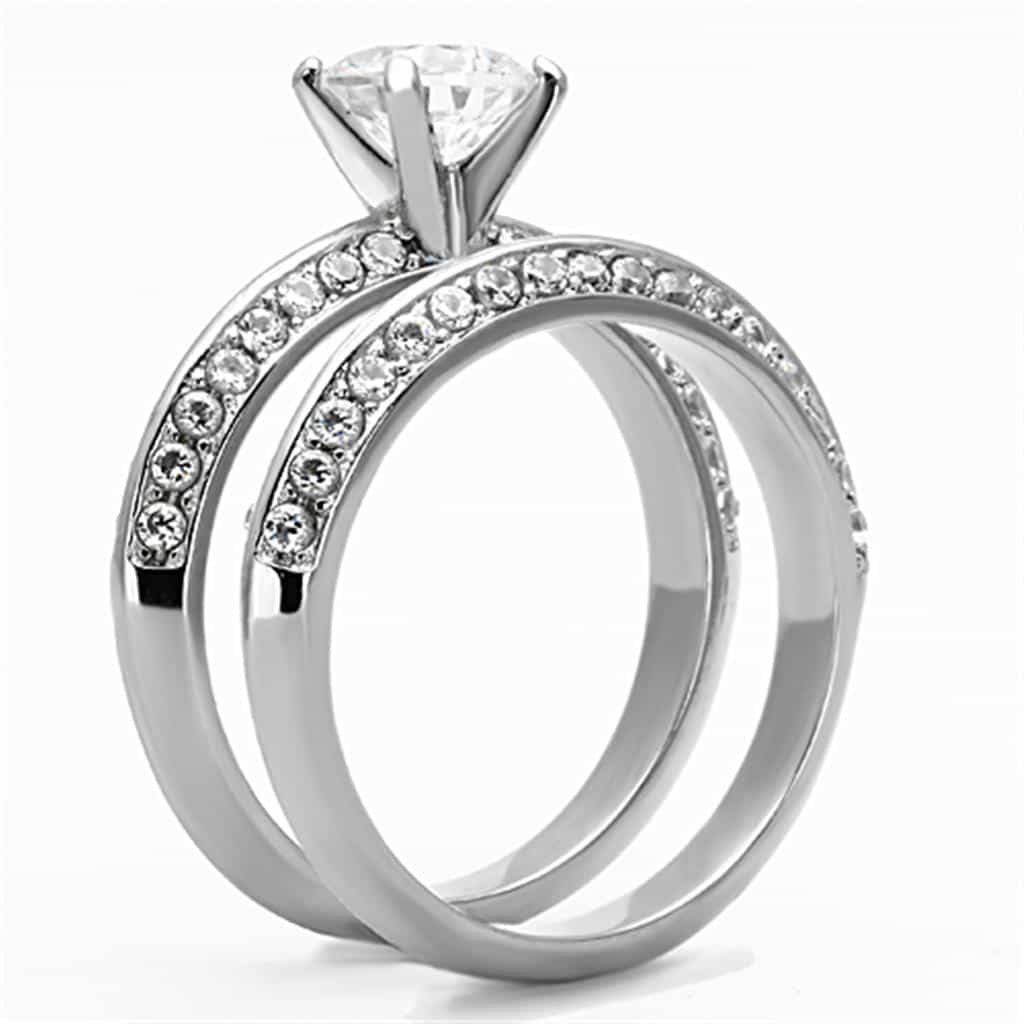 Stainless Steel CZ Round Solitaire Pave Double Band Bridal Ring view 7