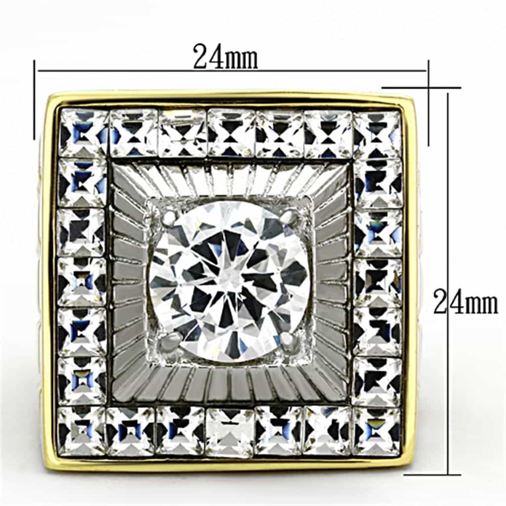Stainless Steel Gold CZ Princess Sunburst Mens Signet Ring view 3