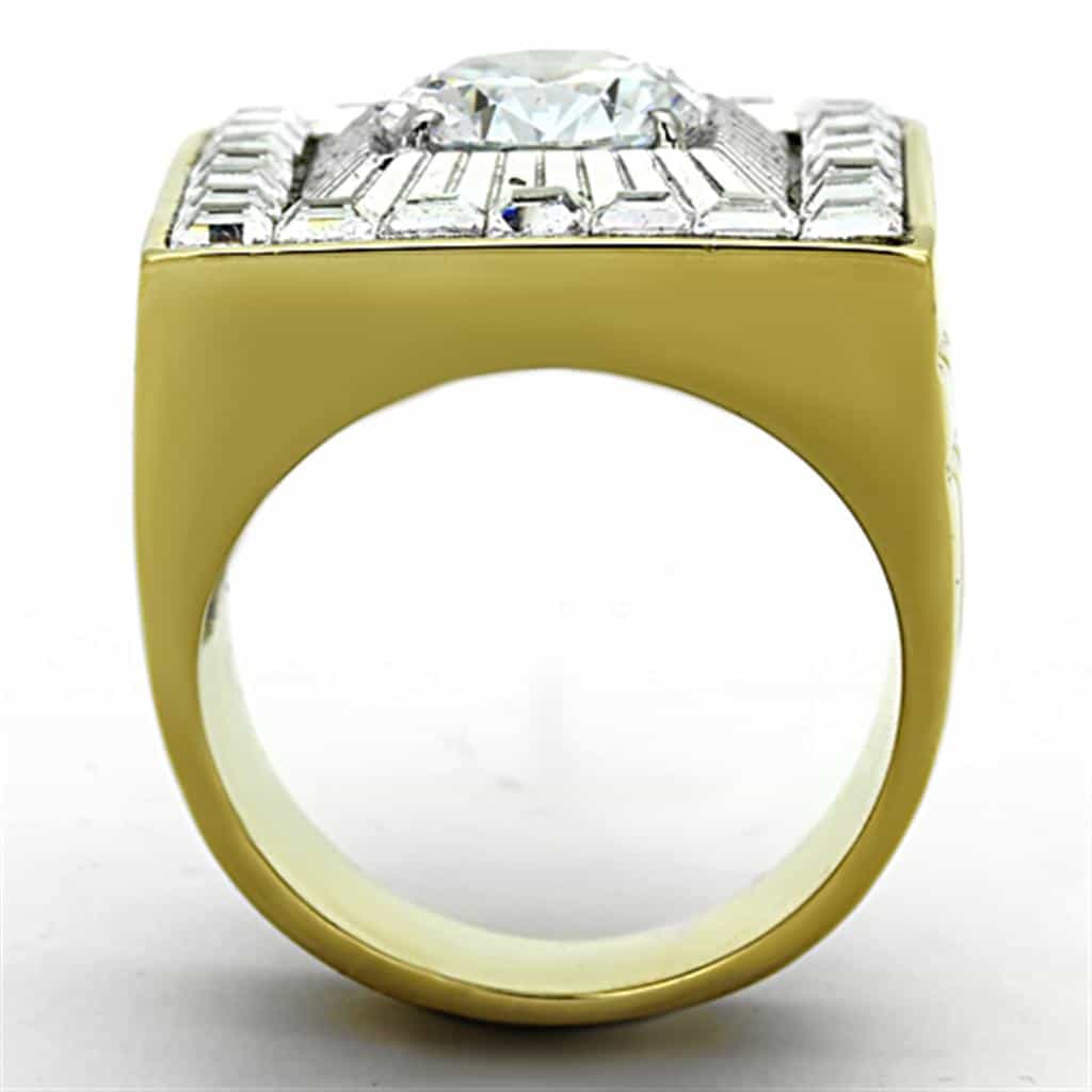 Stainless Steel Gold CZ Princess Sunburst Mens Signet Ring view 5