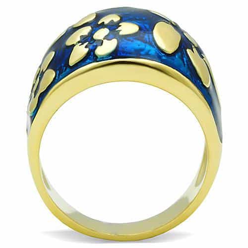 Stainless Steel Gold Blue Enamel Floral Dome Ring view 5