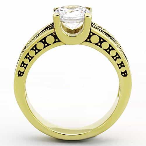 Stainless Steel Gold CZ Round Solitaire Engraved Shank Ring view 5