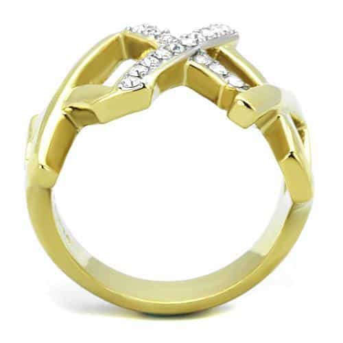 Stainless Steel Gold CZ Pave Criss Cross X Open Band Ring view 5