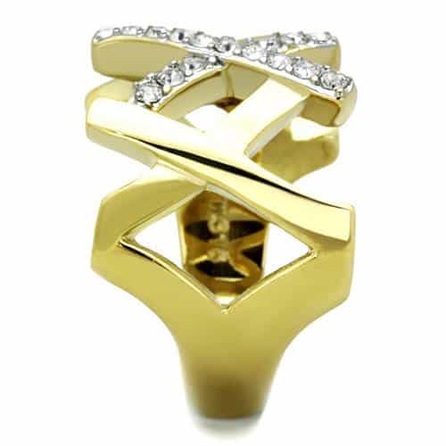 Stainless Steel Gold CZ Pave Criss Cross X Open Band Ring view 7