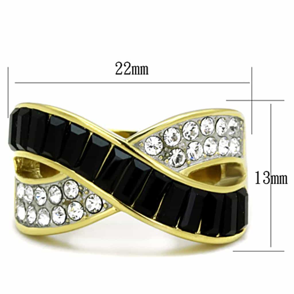Stainless Steel Gold Black Baguette CZ Crossover X Ring view 3