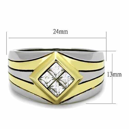 Stainless Steel Two Tone CZ Princess Cluster Stripe Mens Ring view 3