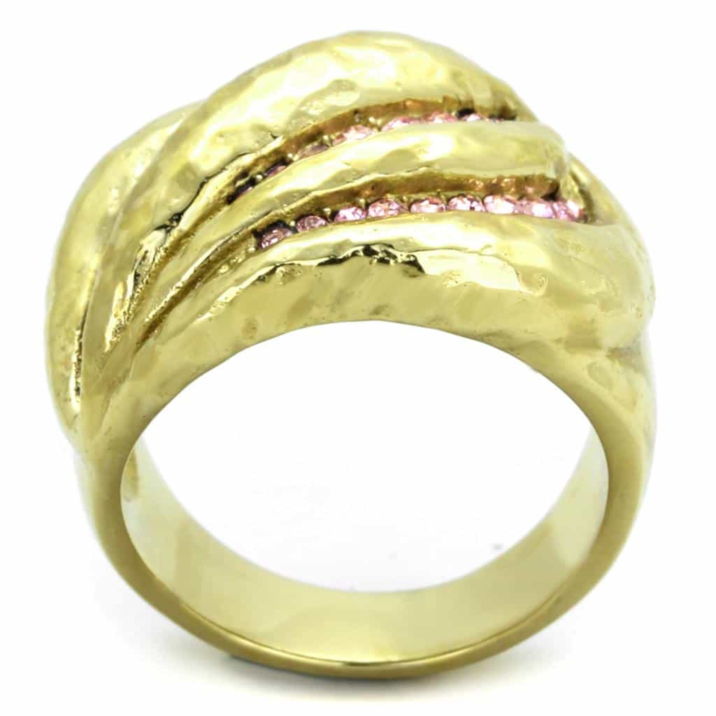 Stainless Steel Gold Hammered Pink Crystal Swirl Dome Ring view 5