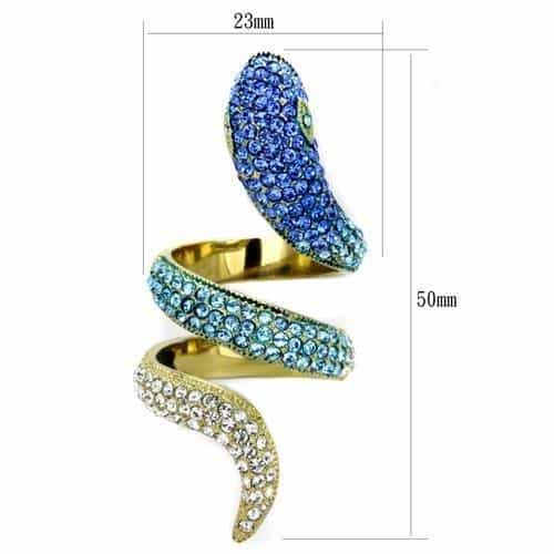 Stainless Steel Gold Blue Crystal Pave Snake Bypass Ring view 3