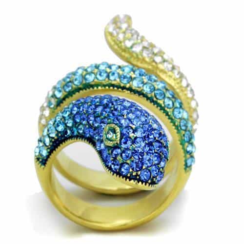 Stainless Steel Gold Blue Crystal Pave Snake Bypass Ring view 5