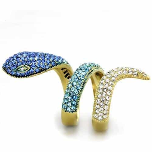 Stainless Steel Gold Blue Crystal Pave Snake Bypass Ring view 7