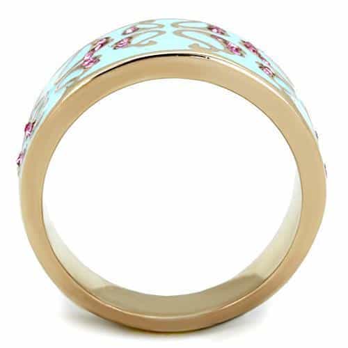 Stainless Steel Gold Blue Enamel Pink Crystal Swirl Band Ring view 5