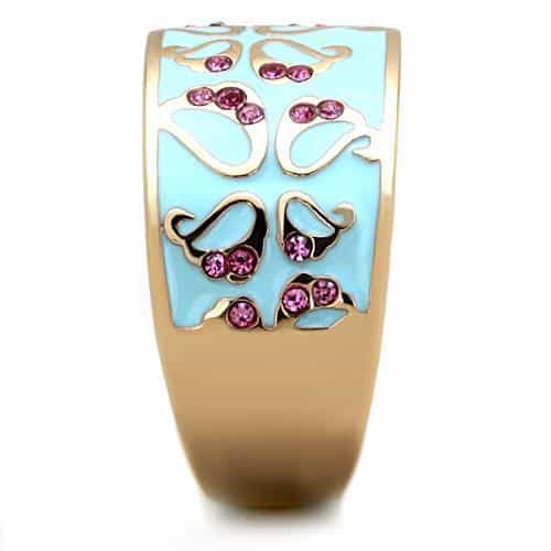 Stainless Steel Gold Blue Enamel Pink Crystal Swirl Band Ring view 7