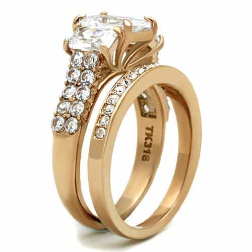 Stainless Steel Rose Gold CZ Emerald Cut Pave Bridal Set Ring view 7