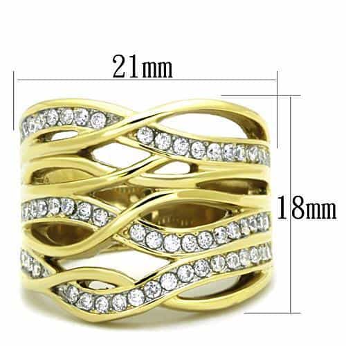 Stainless Steel Gold CZ Pave Multi Wave Crossover Wide Ring view 3