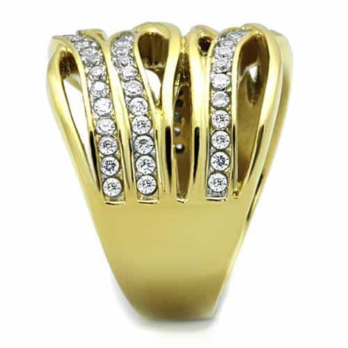 Stainless Steel Gold CZ Pave Multi Wave Crossover Wide Ring view 7