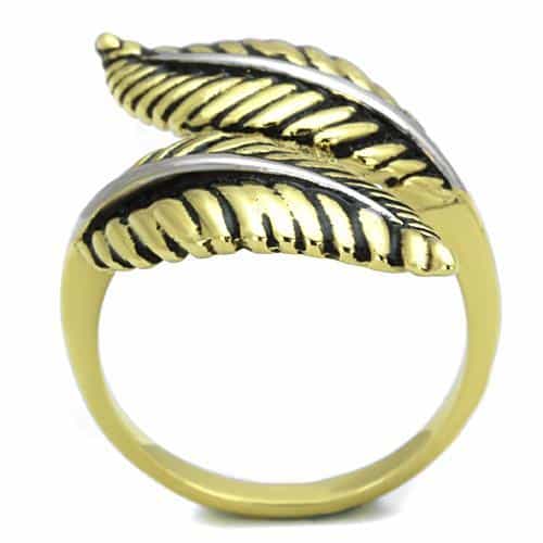 Stainless Steel Gold Antiqued Feather Leaf Bypass Wrap Ring view 5