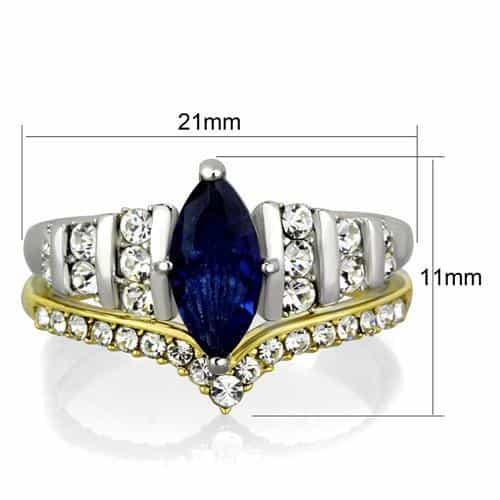 Stainless Steel Blue Sapphire Marquise CZ Chevron Bridal Set Ring view 3