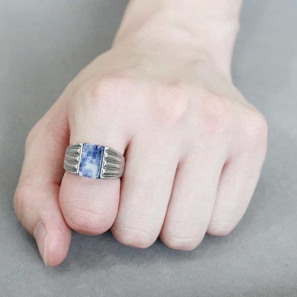 Stainless Steel Blue Sodalite Rectangle Wing Mens Signet Ring view 9
