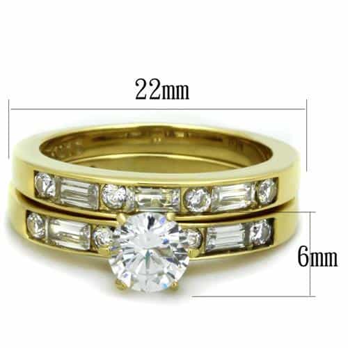 Stainless Steel Gold IP Round CZ Baguette Channel Bridal Set Ring view 3