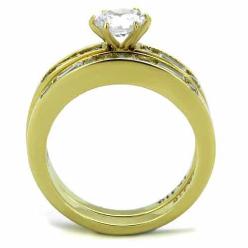 Stainless Steel Gold IP Round CZ Baguette Channel Bridal Set Ring view 5