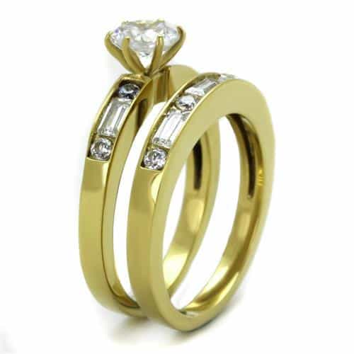 Stainless Steel Gold IP Round CZ Baguette Channel Bridal Set Ring view 7