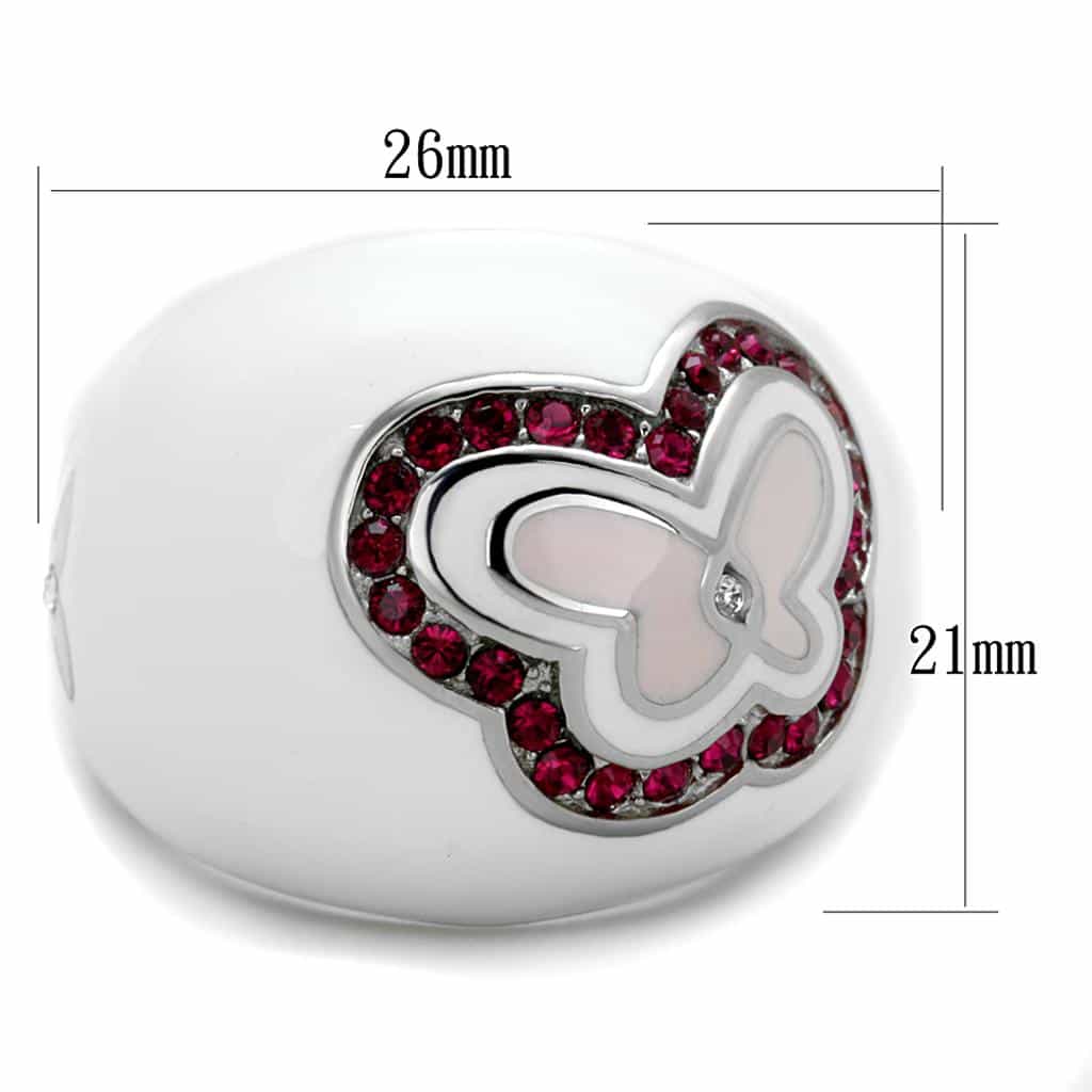 Stainless Steel White Enamel Pink Butterfly Ruby Pave Dome Ring view 3