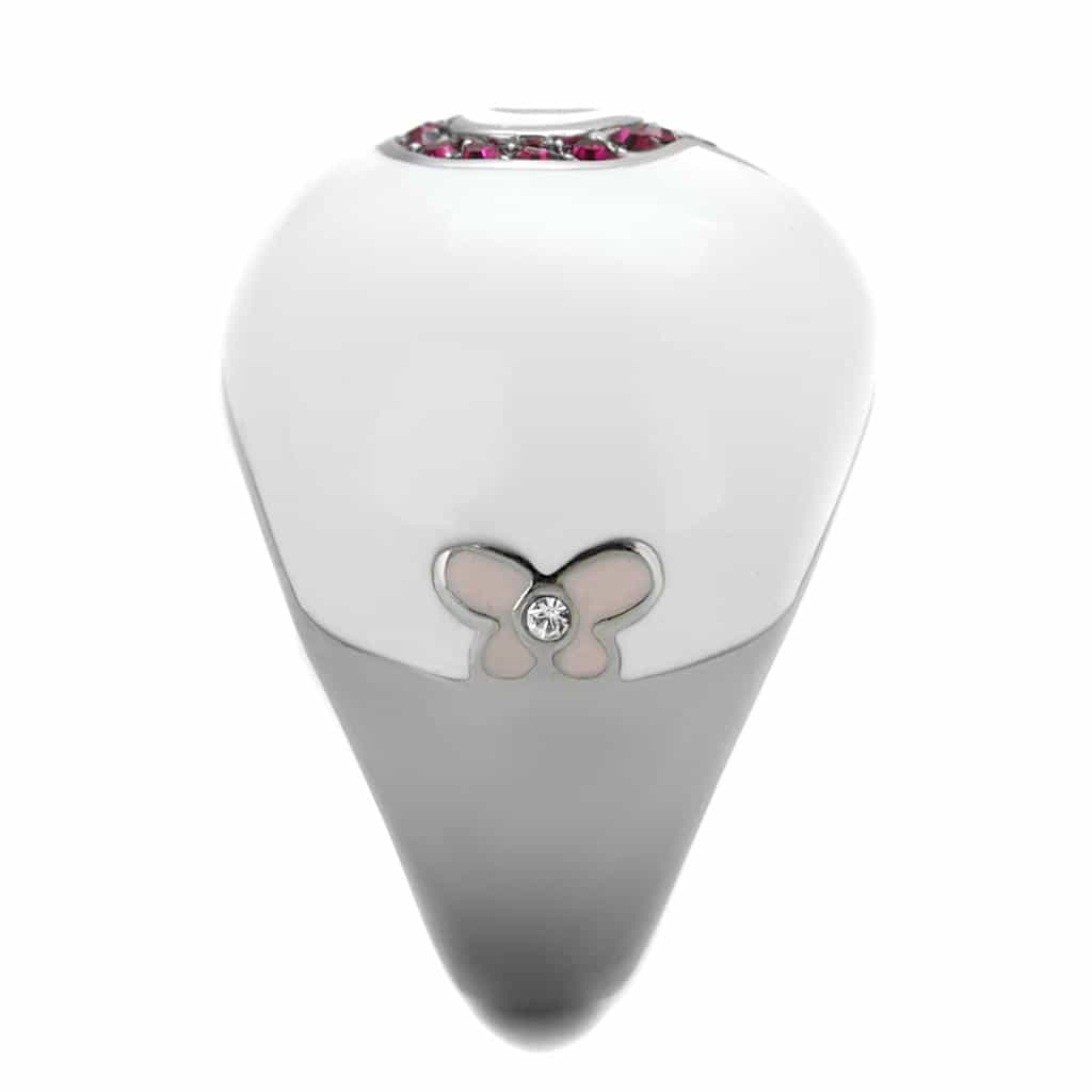 Stainless Steel White Enamel Pink Butterfly Ruby Pave Dome Ring view 7